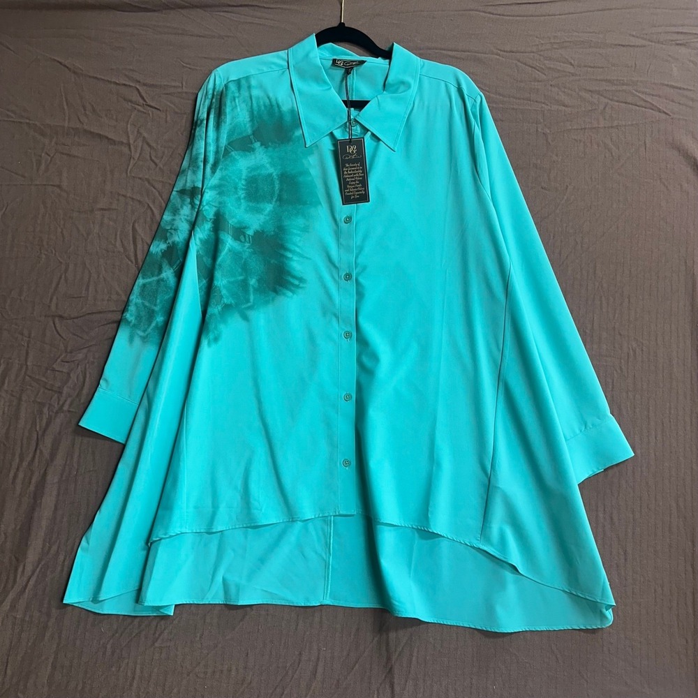 Denise Karaman Teal Green‎ Button Down Shirt Hi-Low Hem Tie Dye Blouse
